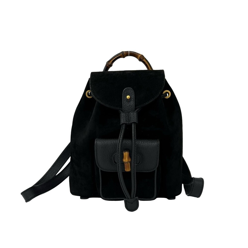 GUCCI Old Gucci Bamboo Suede Leather Backpack, Black, 34575